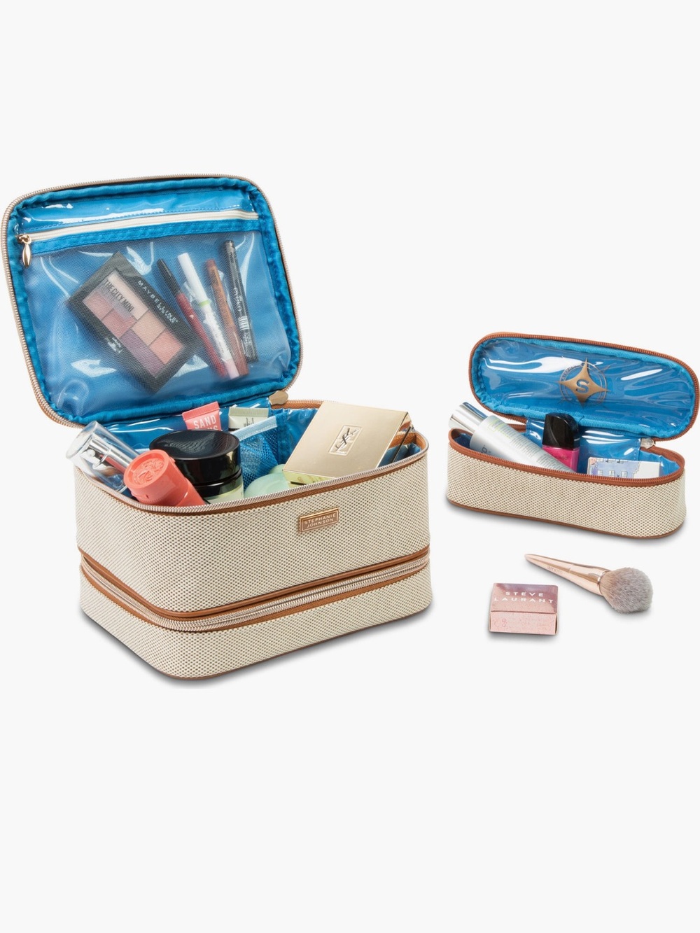Stephanie Johnson Cream and Blue Cosmetic Train Case Set